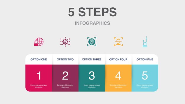 Internet Security seguridad cibernética escáner de huellas dactilares reconocimiento facial contraseña iconos de phishing Plantilla de diseño infográfico Concepto creativo con 5 pasos