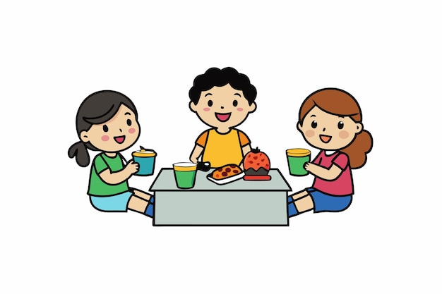 Interrupción del almuerzo Diversión Niños comiendo y jugando juntos Ilustración vectorial Clipart de dibujos animados y Línea A