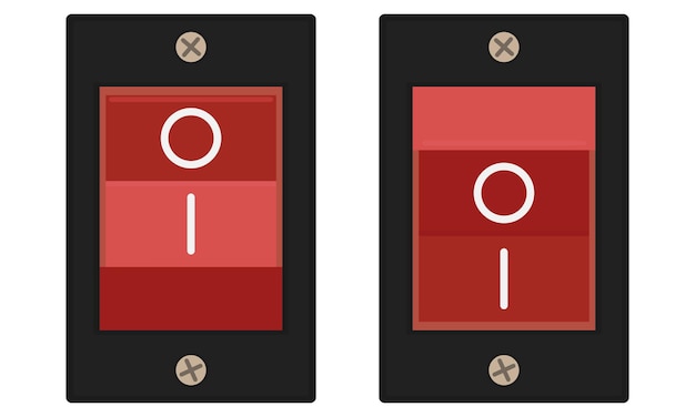 Interruptor de balanceo con botón indicador rojo Conjunto de interruptores con posiciones de encendido y apagado Ilustración vectorial de estilo plano