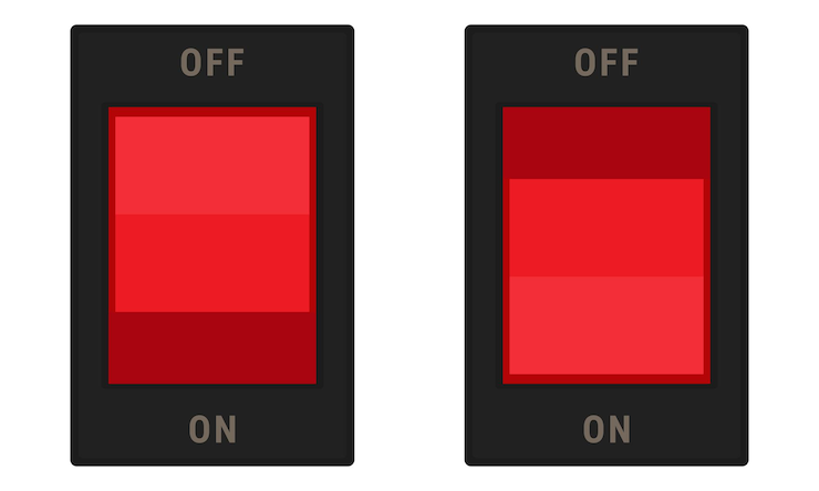 Vector interruptor de balanceo rectangular con botón rojo y etiquetas de encendido y apagado