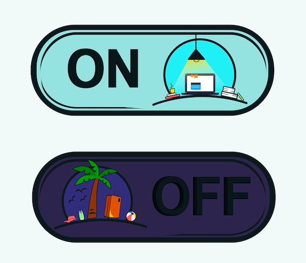 Interruptor de botón de vacaciones a trabajo en colores azul violeta. Volver al trabajo. ¿Trabajar o relajarse?