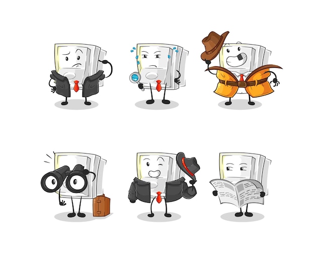 Interruptor de luz detective grupo personaje dibujos animados mascota vector