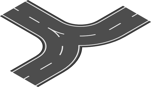 Intersección de carretera en forma de Y que une dos carreteras creando una bifurcación en la carretera que simboliza una elección de camino o dirección aislada en fondo blanco