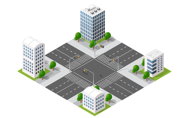 Intersección de la ciudad moderna con semáforos y edificios en vista isométrica