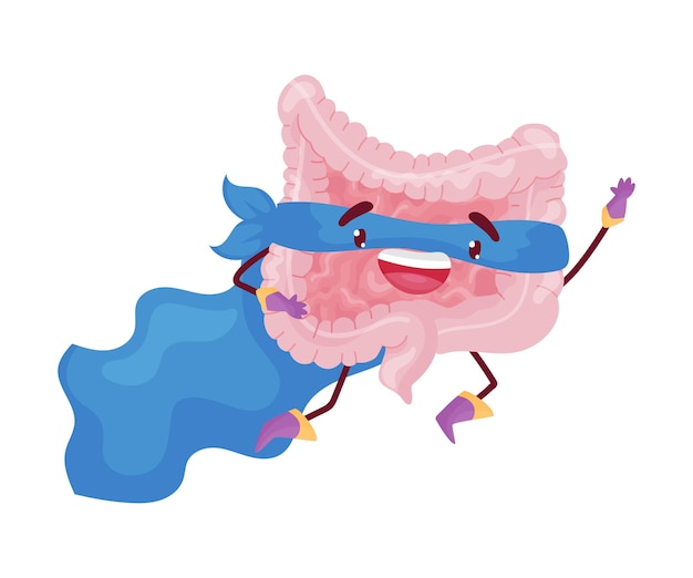 Intestino de dibujos animados en traje de superhéroe saltando ilustración vectorial sobre fondo blanco