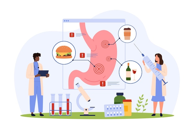 Intoxicación del sistema digestivo personas pequeñas advirtiendo sobre intoxicación alimentaria no saludable