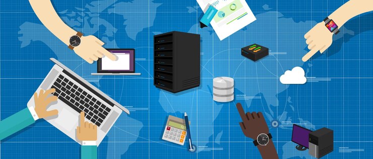 Vector intranet red servidor base de datos router nube internet interconectado mapa del mundo infraestructura de ti