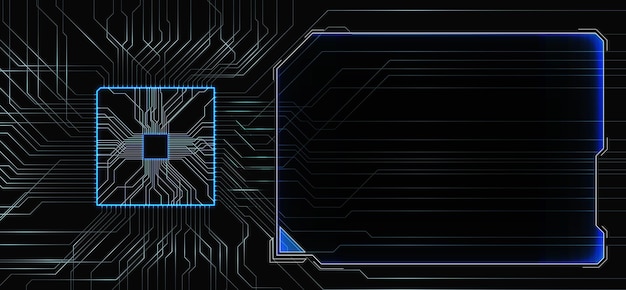 Intricate circuit patterns are illuminated in blue against a black background highlighting a central microchip and an adjacent empty rectangular area ideal for representing technological concepts