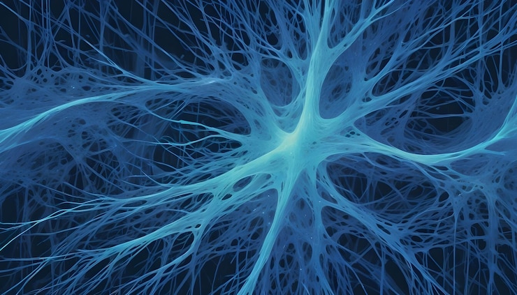 Vector intrincada célula neuronal azul con dendritas y axones ramificados que representan la complejidad del sistema nervioso cerebral y las redes neuronales contra un fondo oscuro