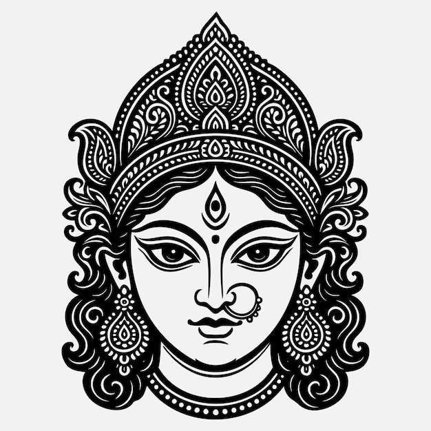 Intrincada ilustración en blanco y negro de la diosa hindú Durga obra de arte de la cara