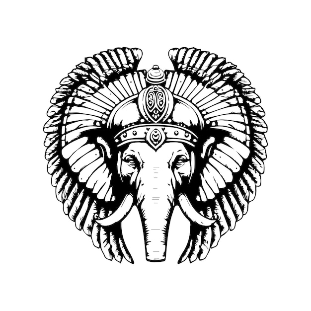 Una intrincada ilustración dibujada a mano de la cabeza de un elefante en una línea de arte en blanco y negro
