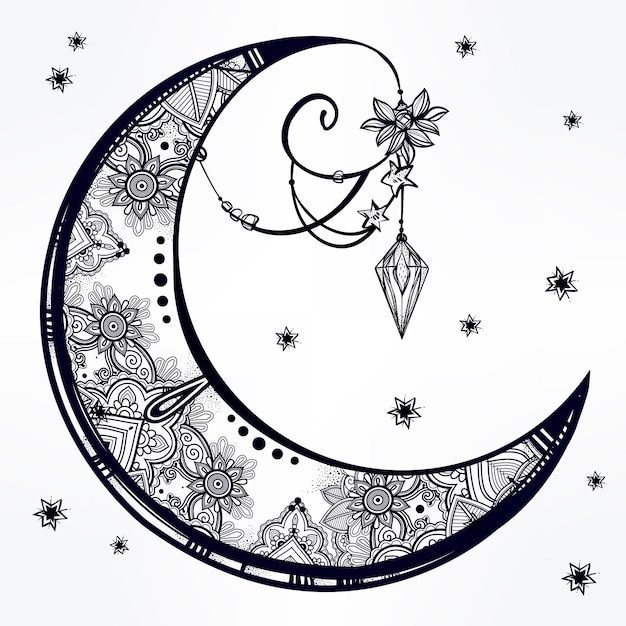 Intrincada luna creciente ornamentada dibujada a mano con plumas piedras preciosas Ilustración vectorial aislada Tatuaje