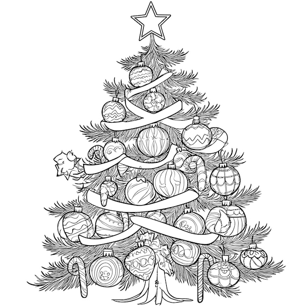 Intrincado Kawaii Árbol de Navidad Line Art para colorear