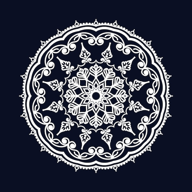 Un intrincado mandala blanco sobre un fondo azul oscuro