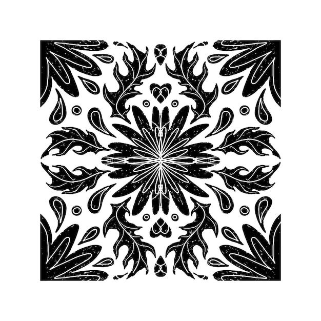 Intrincado patrón negro con patrón ornamental simétrico en estilo linocuto Grunge textura azulejos elemento vectorial de forma