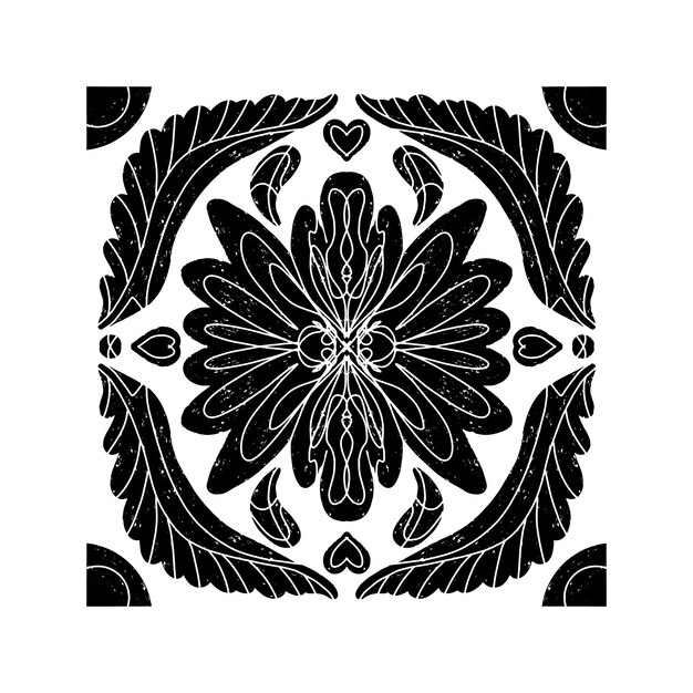 Intrincado patrón negro con patrón ornamental simétrico en estilo linocuto Grunge textura azulejos elemento vectorial de forma