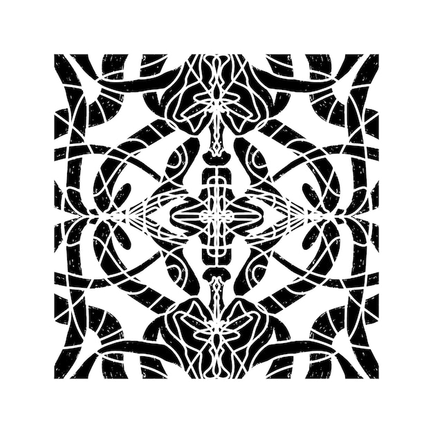 Intrincado patrón negro con patrón ornamental simétrico en estilo linocuto Grunge textura azulejos elemento vectorial de forma