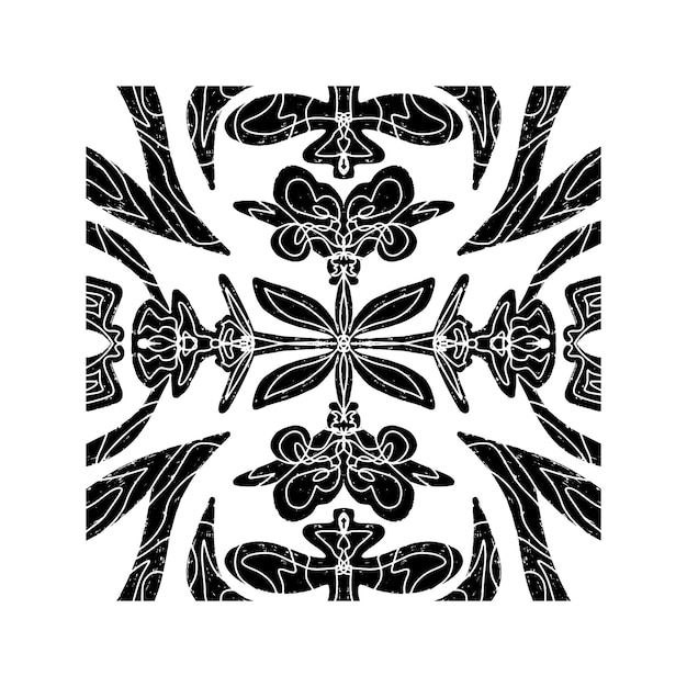 Intrincado patrón negro con patrón ornamental simétrico en estilo linocuto Grunge textura azulejos elemento vectorial de forma