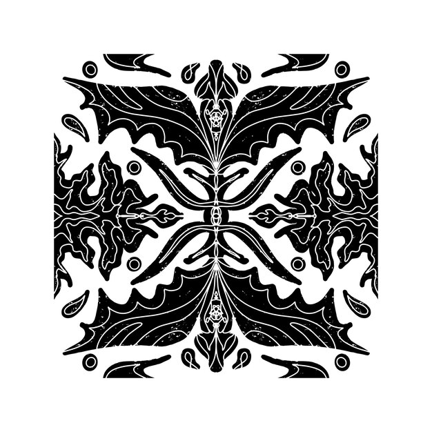 Intrincado patrón negro con patrón ornamental simétrico en estilo linocuto Grunge textura azulejos elemento vectorial de forma