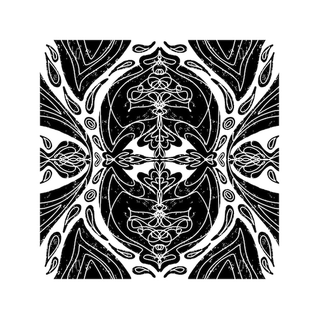 Intrincado patrón negro con patrón ornamental simétrico en estilo linocuto Grunge textura azulejos elemento vectorial de forma
