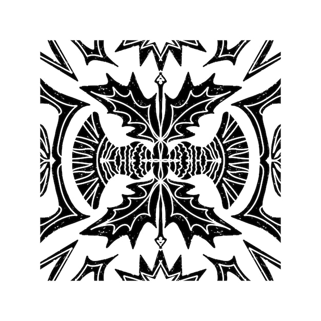 Intrincado patrón negro con patrón ornamental simétrico en estilo linocuto Grunge textura azulejos elemento vectorial de forma