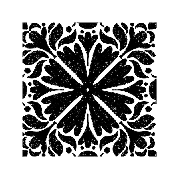 Intrincado patrón negro con patrón ornamental simétrico en estilo linocuto Grunge textura azulejos elemento vectorial de forma