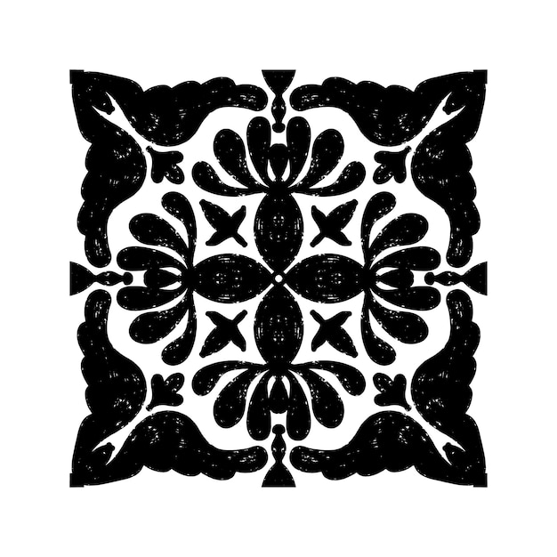 Intrincado patrón negro con patrón ornamental simétrico en estilo linocuto Grunge textura azulejos elemento vectorial de forma