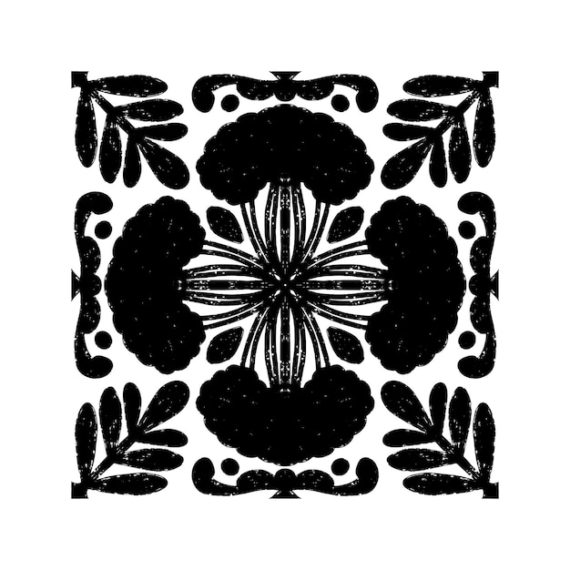 Intrincado patrón negro con patrón ornamental simétrico en estilo linocuto Grunge textura azulejos elemento vectorial de forma