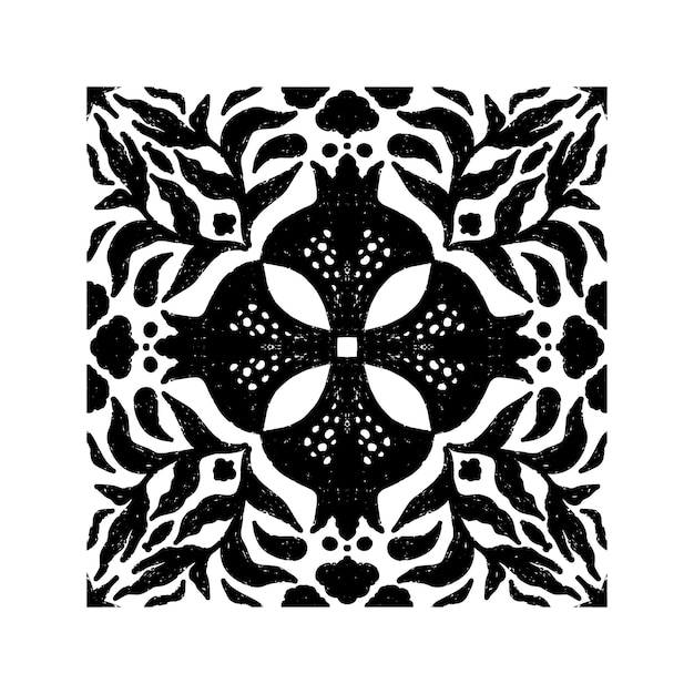 Intrincado patrón negro con patrón ornamental simétrico en estilo linocuto Grunge textura azulejos elemento vectorial de forma