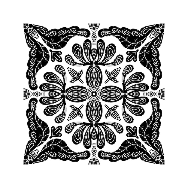 Intrincado patrón negro con patrón ornamental simétrico en estilo linocuto Grunge textura azulejos elemento vectorial de forma