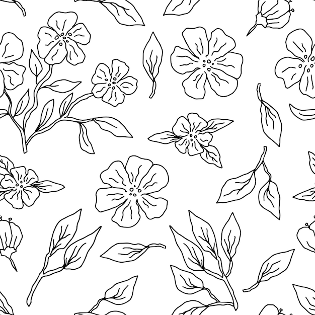 Los intrincados diseños florales y de hojas crean un patrón sin costuras en el arte de líneas negras sobre blanco
