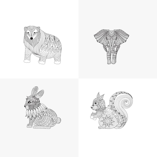 Los intrincados patrones de animales para colorear el oso, el elefante, el conejo y la ardilla