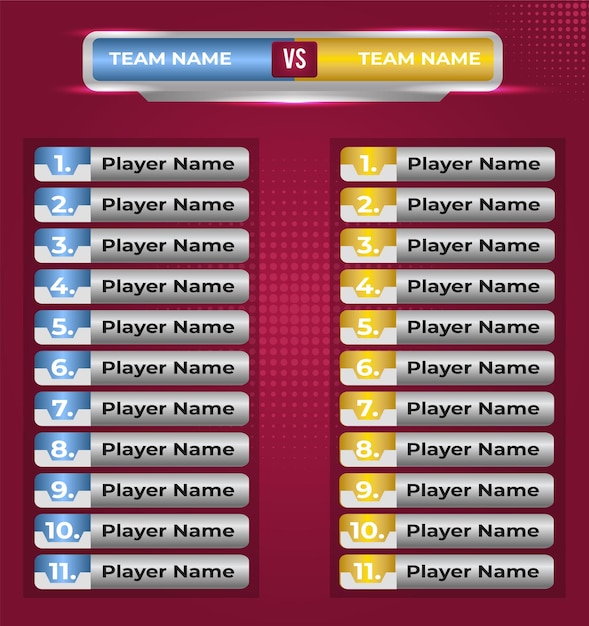 Introducción al equipo del campeonato deportivo o versus Plantilla para dos equipos con 11 jugadores Lista