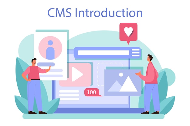 Introducción a CMS Sistema de gestión de contenido Creación y modificación de contenido digital Idea de estrategia digital y contenido para la creación de redes sociales Ilustración plana aislada