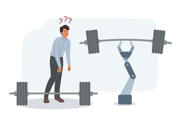 Vector introducción la robotización molesta al hombre de negocios que mira a los robots con un brazo con una pesada barra