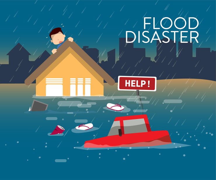Vector inundaciones de la ciudad y coches con basura flotando en el agua.