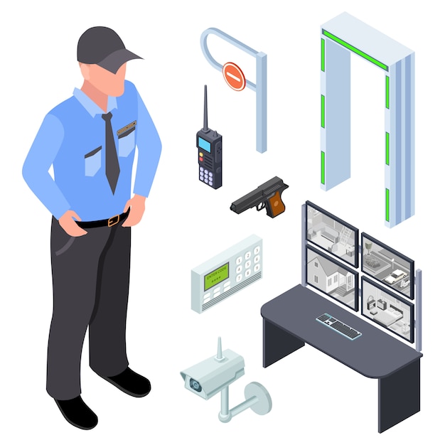 Vector inventario de policía, seguridad, punto de control isométrico