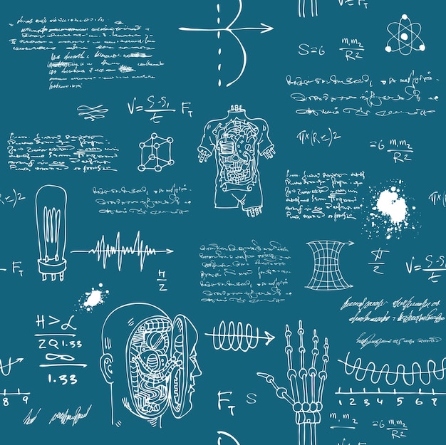 Inventor científico con fórmulas y bocetos de robots.