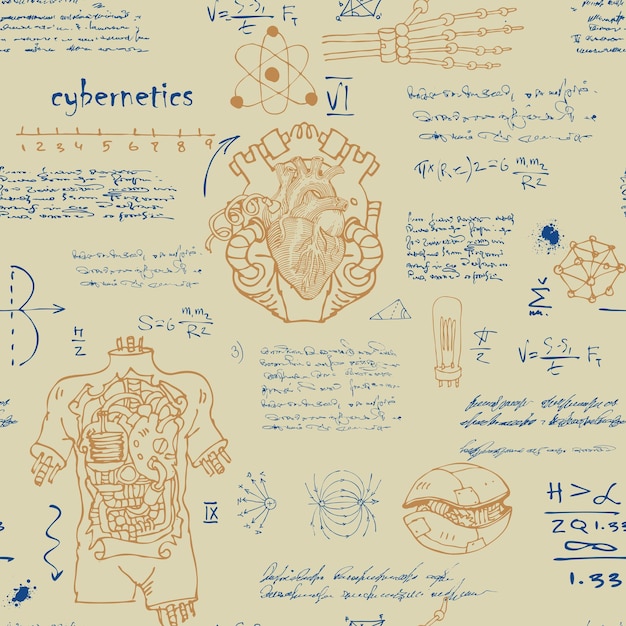 Inventor científico con fórmulas y bocetos.