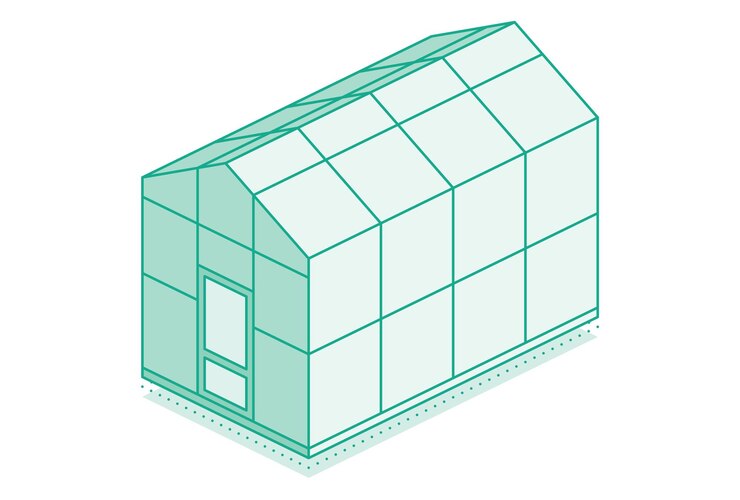 Vector invernadero isométrico concepto de agricultura y horticultura puerta cerrada objeto de contorno aislado sobre fondo blanco casa de vidrio