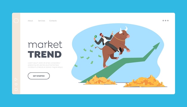 Inversión, Bolsa de valores, Plantilla de página de destino de tendencia alcista. Exitoso hombre de negocios Trader Carácter Saddle Bull Rising Up con gráfico de flecha, montones de dinero alrededor. Ilustración vectorial de dibujos animados