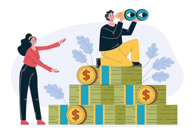Inversión en busca de ingresos futuros de dinero concepto de ganancias empleado de negocios sentado en una pila de dinero