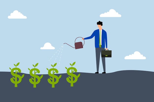 Inversión de dividendos Un feliz inversor de negocios sostiene un riego para regar las plántulas de brotes que plantó desde el signo de efectivo