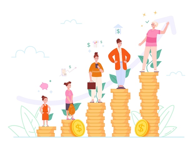 Inversión de edad Plan de dinero de jubilación concepto nivel de ahorro financiero monedas crecimiento de la riqueza depósito de niña a abuela jubilada fondo de pensiones rico invertir ilustración vectorial de dinero para la jubilación