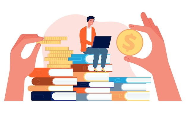 Inversión en educación. El estudiante con la computadora portátil se sienta en la pila de libros. Manos sosteniendo monedas ilustración vectorial. Inversión en conocimiento, financiación de becas