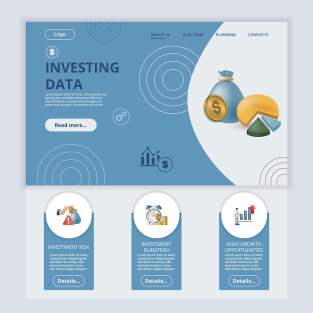 Vector inversión en plantilla de sitio web de página de destino plana de datos de inversión