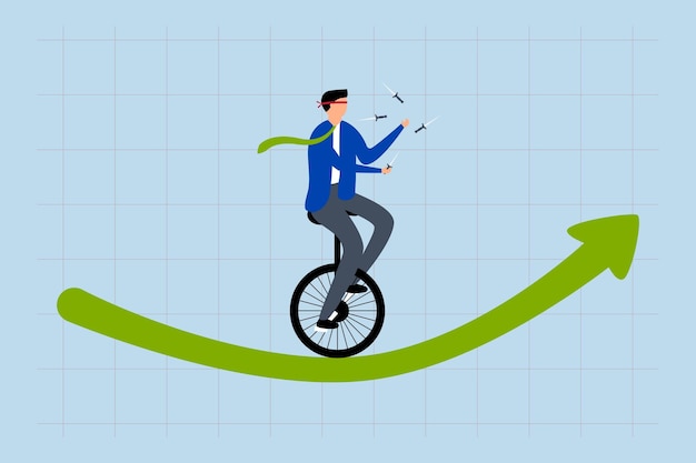 Inversión riesgo inversor cegado y malabarismo cuchillos en monocíclico gráfico alcista verde