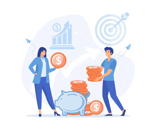 Inversiones financieras Pareja casada Ahorre monedas en Piggy Bank Presupuesto familiar Ahorro en el hogar e inversión Dinero vector plano ilustración moderna