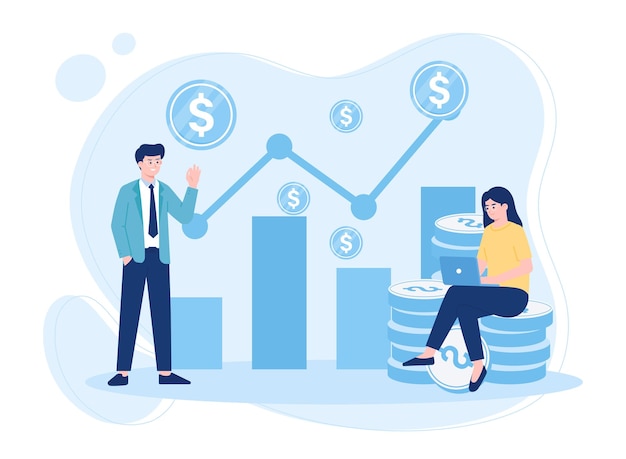 Inversionista con computadora portátil monitoreando el crecimiento analizando el concepto de ganancias ilustración plana