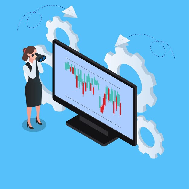 Inversionista mujer mirando a través de binoculares con monitor de gráficos de acciones